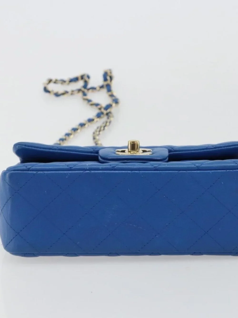 CHANEL Mini Matelasse 19 Chain Bag Lamb Skin Blue Gold CC Auth 182032SAV